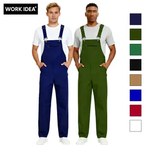 WORK IDEA Men's Fashion Suspender Pants Comfortable Skin-Friendly Durable Multi-Pocket Easy On/Off Black Beige Workwear Uniforms Plain Soft Fabric Clothes with 8 Functional Pockets & Elastic Waistband
