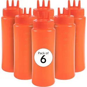 -16 Ounce Condiment Squeeze, 6 Squeeze With Triple Dispersion Tips - Medium,, Red Ketchup, For Dispensing Sauces Or Oils