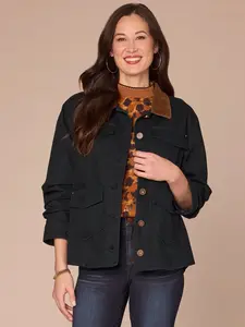 Three Quarter Ruched Sleeve Contrast Collar Button Front Petite Jacket