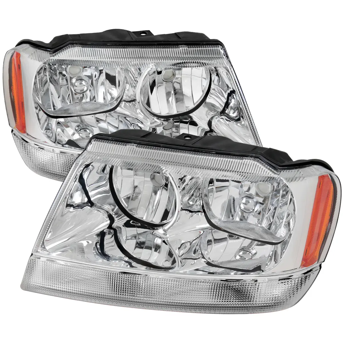 1999-2004 Grand Cherokee Factory Style Crystal Headlights w/ Amber Reflectors (Chrome Housing/Clear Lens) 1999-2004 Grand Cherokee Factory Style Crystal Headlights w/ Amber Reflectors (Chrome Housing/Clear Lens)