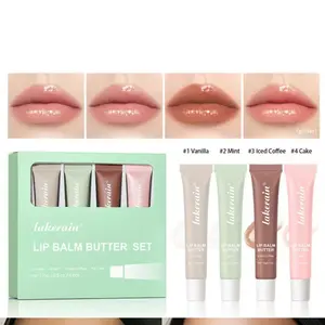 Summer Butter Dewy Gel Lip Balm Set, Moisturizing Lip Care Hydrating Lip Balm 4 Pack for Soft Lips, Including Vanilla,Mint,Iced Coffee&Cake