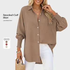 【SS26 Collection】TARSE Women Linen Shirt Smocked Cuffed Casual Collar Long Sleeve Oversized Button Down Blouse Tops Boyfriend Shirt Basic Vintage Top