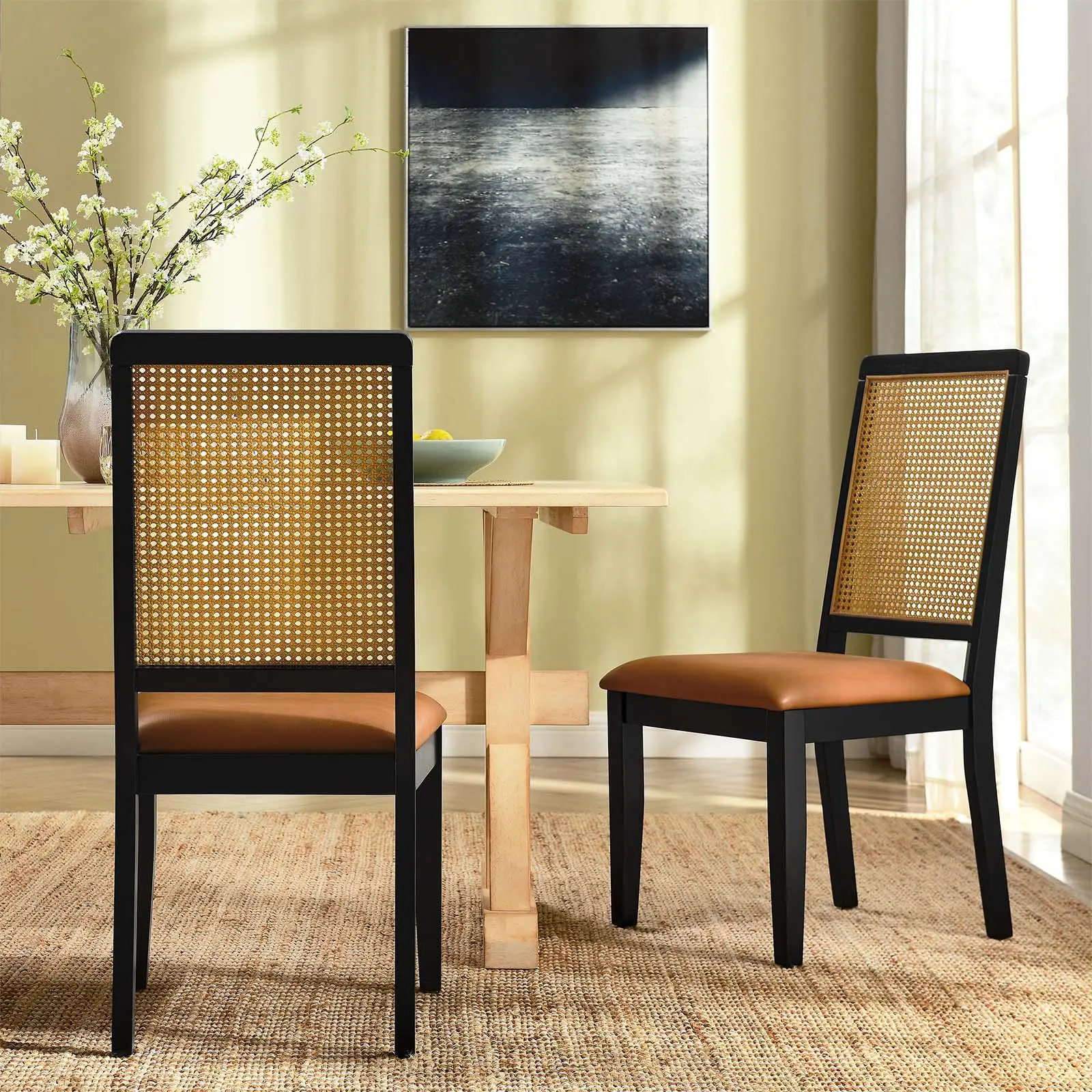 Modway Arlo Vegan Leather Upholstered Faux Rattan and Wood Dining Side Chairs - Set of 2 in Black Natural Tan