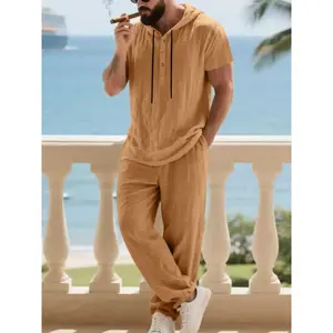 Men's Casual Linen Hoodie Set, Fall Fashion Loose Fit Short Sleeve Henley Shirt & Long Pants, European Style Comfortable, Casual Outfit Set, Casual Suit Set