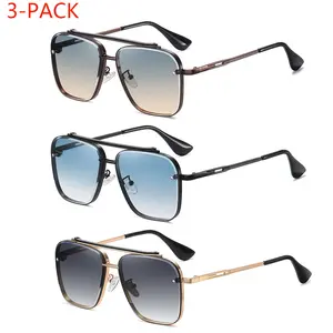 Men's Unisex Double Bridge Oversized Square Aviator Sunglasses - Black Thin Metal Frame, Gradient Blue Lens, UV400 Anti-UV, Streetwear Fashion Eyewear for Daily Driving, Beach Vacation