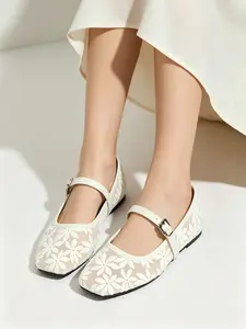 Elegant Embroidered Ballet Flats, Comfortable Square Toe Design, Adjustable Buckle Strap, Perfect for Casual & Formal Wear