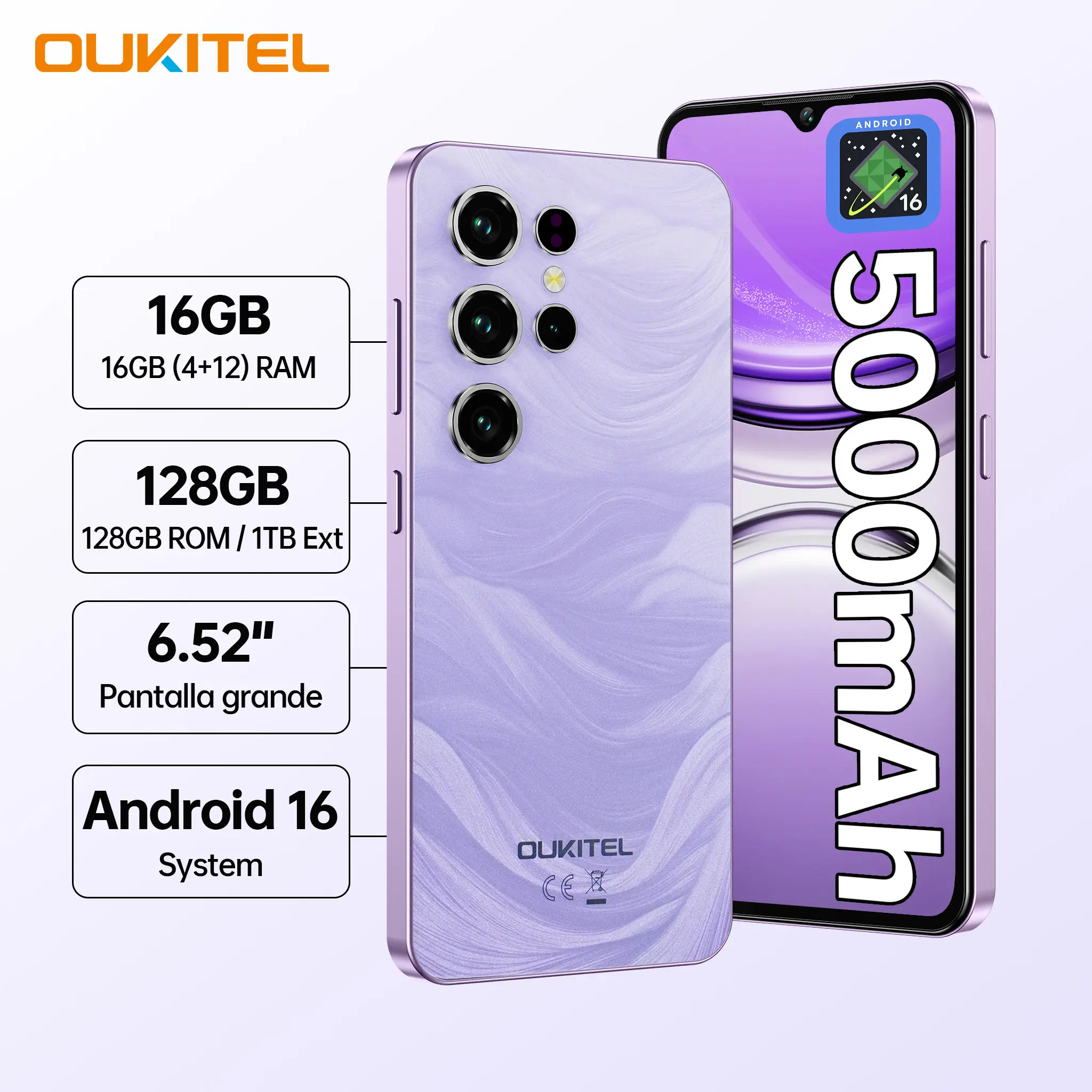 OUKITEL C2 Unlocked  Smartphone, 6.52 inch HD Display, Dual SIM Phone 2025, 16GB RAM + 128GB/1TB ROM, 13MP + 5MP Camera, 5000mAh Battery, 4G Network Phone, 3.5mm Jack/GPS/NFC/OTG/Face ID