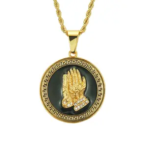 Praying Hands Oil Painting Round Pendant Men's Necklace - Hip-Hop Style with Gold Chain, Vintage Design, Anxiety and Stress Relief Accessory