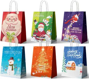 24 Pcs Kraft Gift Bags - Medium Christmas Paper Bags with Handles - Six Holiday Designs for Presents and Party Favors LAMJAMANER