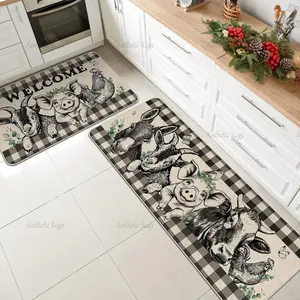 Farm Animal Kitchen Rug Set, Plaid Door Mat, Pet-Friendly Non-Slip Soft Washable Foldable Carpet for Living Room Bedroom Bathroom