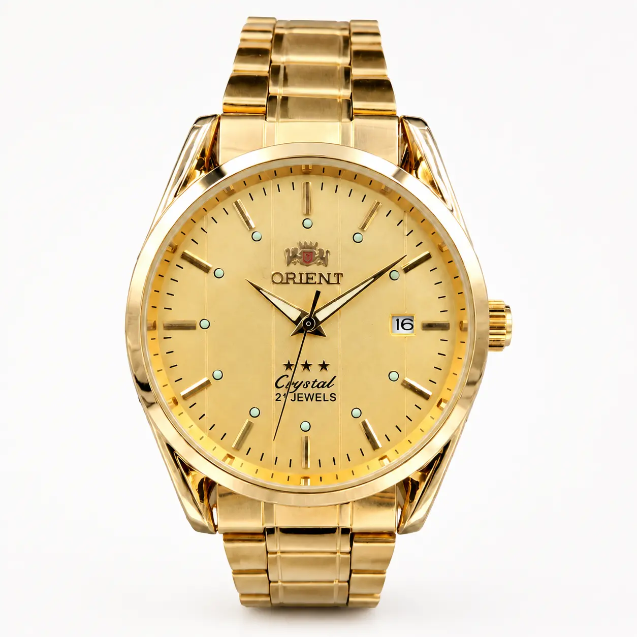 ORIENT AAA Grade Gold Tone Men's Automatic Mechanical Dress Watch, Luminous Dial, Calendar Window, Gold Stainless Steel Band, Luxury Formal Business Wristwatch for Daily Office Reloj Automático Elegante para Hombre