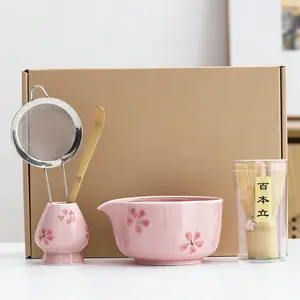 Elegant Sakura Pattern Ceramic Matcha Bowl Set of 5, Professional Tea Making Tools Kit for Matcha Preparation, High-Quality Ceramics