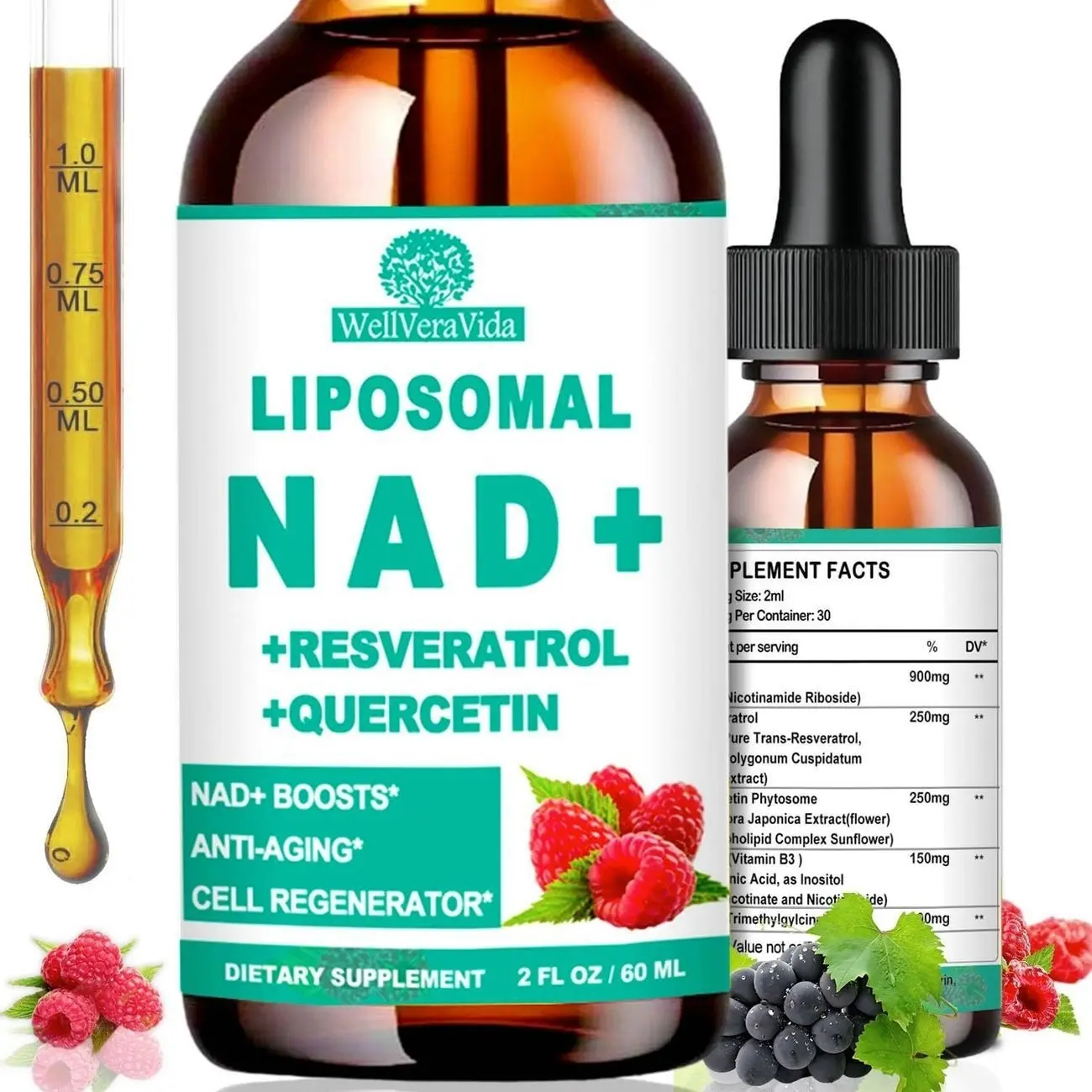 NAD Supplements for Women & Men, Liposomal NAD Nicotinamide Riboside Resveratrol 900mg, TMG, Quercetin, Vitamin B3, Organic Liquid NAD Resveratrol Supplement for Longevity, Energy, Anti-Aging, Focus