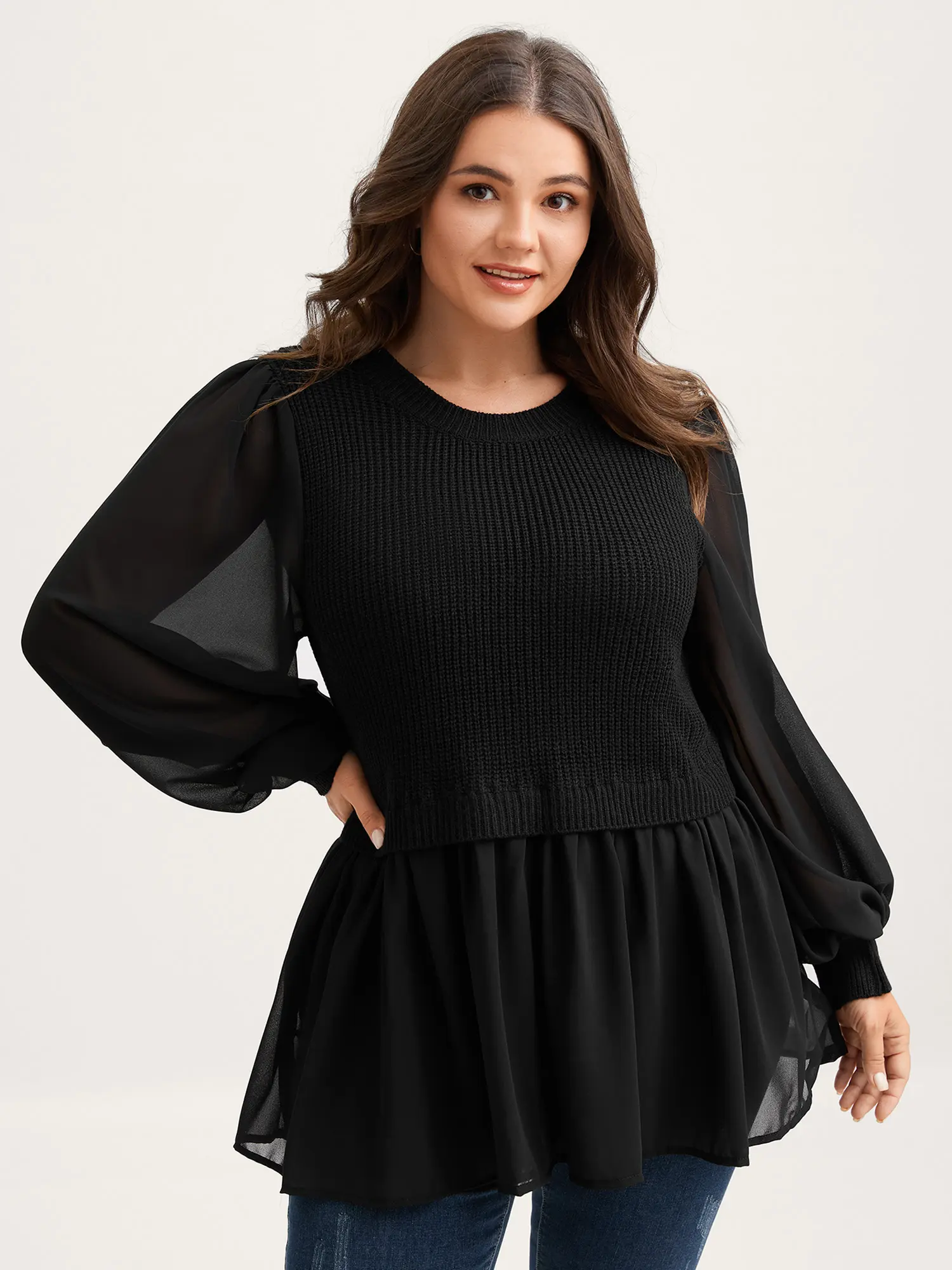 BloomChic Women's Lantern Sleeve Floral Patchwork Round Neck Ribbed Oversized Casual Knitted Pullover Top Swimweek, Summerfinds Longsleeves Fitted,Summerfinds