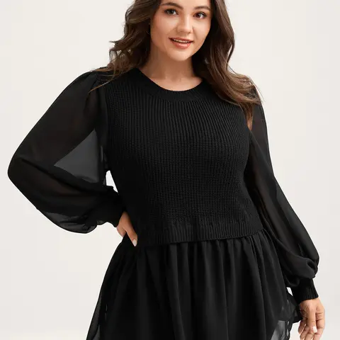 BloomChic Balloon Sleeve Solid Twofer Sweater 【M-6XL】Back To School,Fall Pick, Spotlight Day，SohoChic
