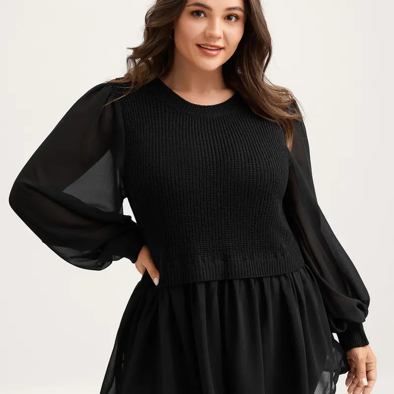 BloomChic Balloon Sleeve Solid Twofer Sweater 【M-6XL】Back To School,Fall Pick, Spotlight Day,SohoChic