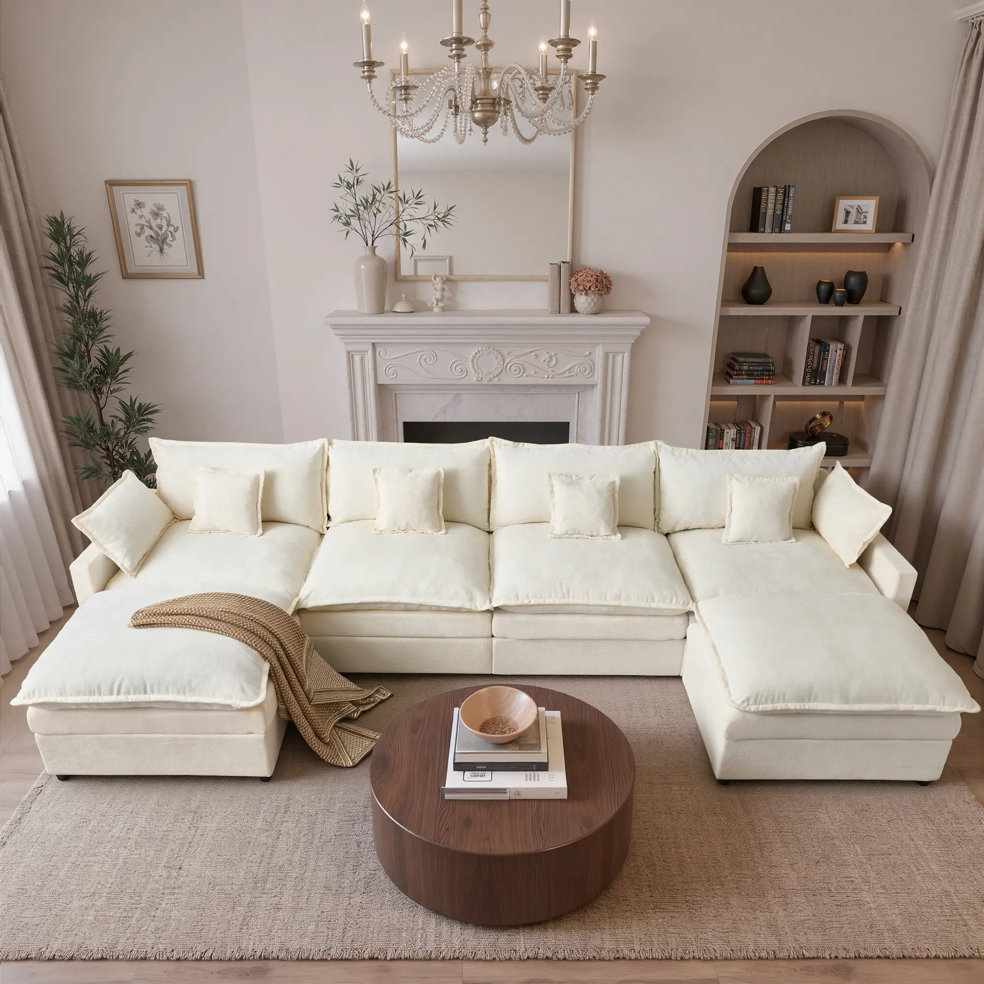 142" Beige Chenille U Shaped with 2 Ottoman