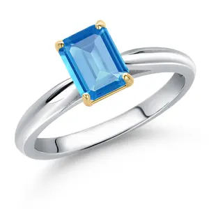 Gem Stone King 925 Silver and 10K Yellow Gold Gemstone Birthstone Solitaire Engagement Ring For Women | Emerald Cut 7X5MM | Available in Size 5-9 | Wedding Engagement Anniversary Promise Ring