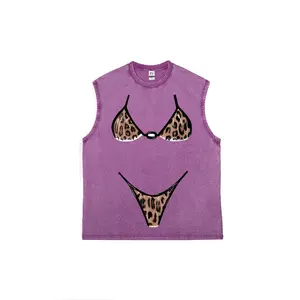 Hand-drawn leopard-print bikini Sexy Girl Style Unisex Plus Size Summer Graphic Tees Personalized Pattern Y2k Clothing Round Neck Short-Sleeved Washed Vests,Women's Clothing 100% Cotton, Menswear, Top, Vintage Style, Casual Oversized