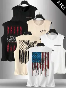 Summer Men's Casual Sleeveless Vest, Graphic Flag Letter Print, Outdoor Sports Wear, Daily Versatile, 3 Pack, Fitted Style, Sleeveless Gym Top