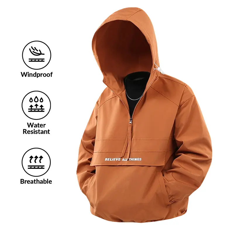 Men's Burnt Orange Half-Zip Hooded Anorak Windbreaker - Water-Resistant, Windproof, Breathable, Loose, Stylish Fashion Layer with Pockets, Letter Print Casual Outdoor Pullover for Hiking, Streetwear, Tops, Zipper