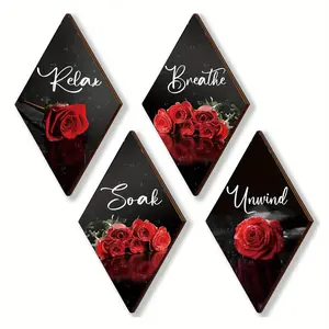 4pcs Red Bathroom Decor - Romantic Floral Rose Wooden Wall Decor | Rustic Farmhouse Signs | Modern "Breathe, Soak, Unwind, Relax" Kitchen & Bathroom Decor | Valentine's Day Gift | 11.81x6.69inch