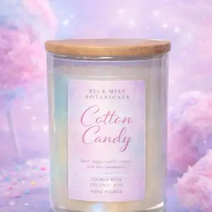 Blue Mist Botanicals Cotton Candy Double Wick Coconut Wax Hand Poured Candle with Spun Sugar Vanilla Cream and Airy Sweetness
