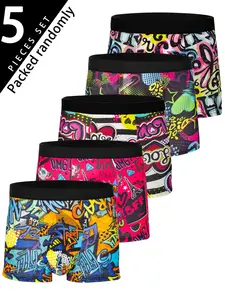 5 Pack Men's Boxer Shorts, Trendy Graffiti Print, Fitted Casual Underwear Boxer Briefs for All Seasons, Christmas Design Multicolor