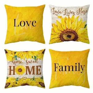 4pcs Peach Velvet Yellow Letter & Sunflower Printed Pillowcase Set - Suitable For Living Room, Bedroom, Sofa - Single-Sided Print, Without Pillow Inner Gifts Birthday Graduation