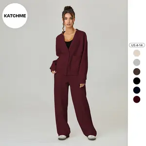 KatchMe Women's Slouchy Cozy Solid Color V Neck Long Sleeve Button Cardigan & Drawstring Waist Trousers Co-ord, Soft Loose Two Piece Outfits (2)