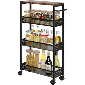 Slim Rolling Cart 4 Tier Narrow Storage Cart on Wheels with Wooden Top & Metal Handle for Small Spaces in Kitchen Dining Room Living Room Home 16.54" D x 5.11" W x 30.31" H