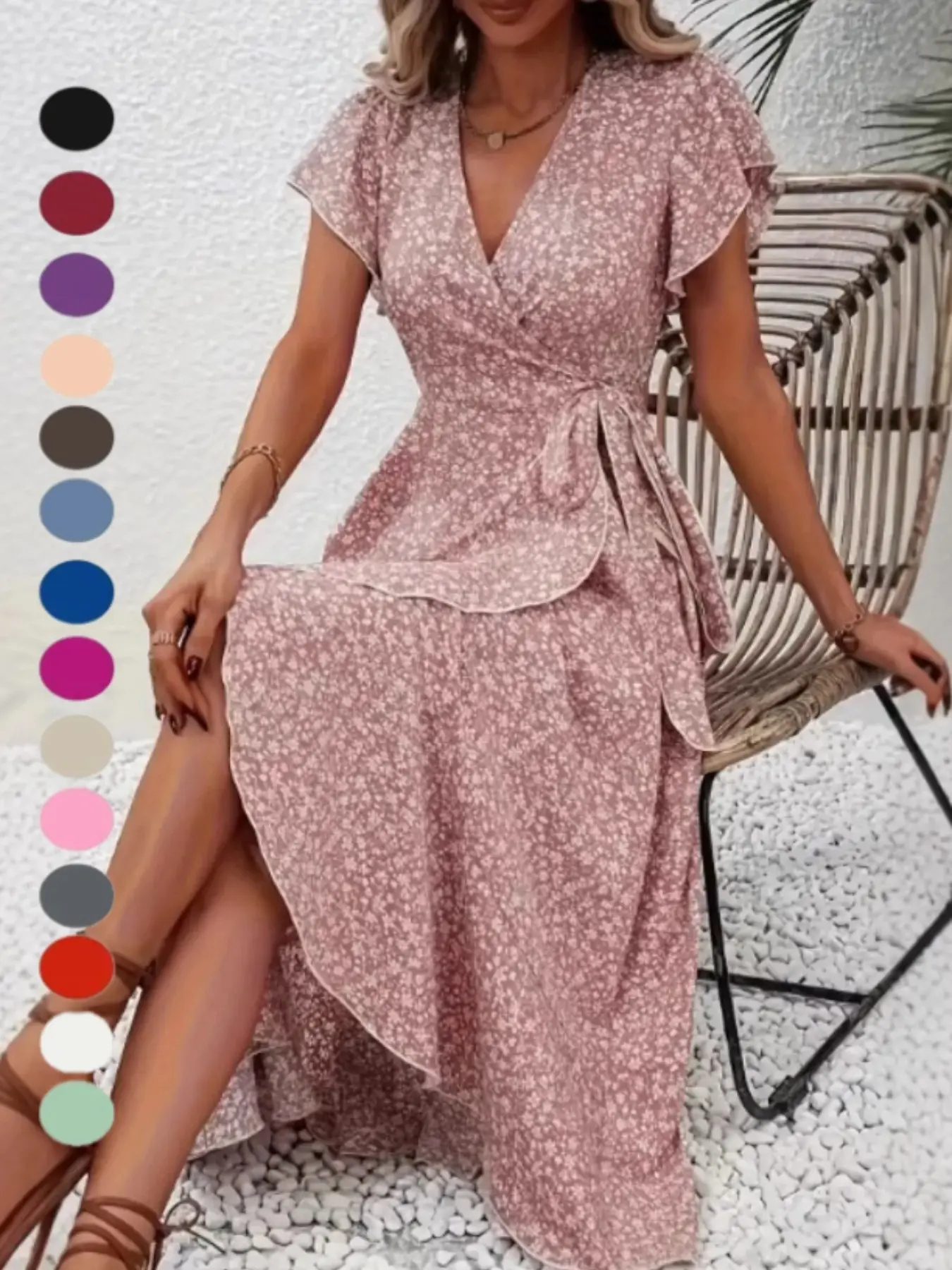 Boho V-Neck Ditsy Floral Print Wrap Dress, Womenswear Short Sleeve Summer Maxi Dress, Casual Boho Bohemian Chic Style, Ideal for Daily Wear & Special Occasions, Boho Pattern