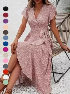 Boho V-Neck Floral Print Wrap Dress, Short Sleeve Summer Maxi Dress, Casual Boho Style, Ideal for Daily Wear & Special Occasions