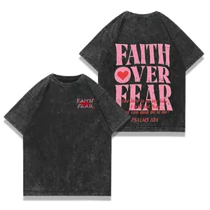 Unisex Washed Cotton Casual Crew Neck Classic Short-Sleeve Ribbed Seamless Christian T-Shirt - "Faith Over Fear" Jesus Graphic, Streetwear Gym Pump Cover, Exceptional Quality, Cold Wash, Free Expedited Shipping, Men's Regular/Oversized Apparel