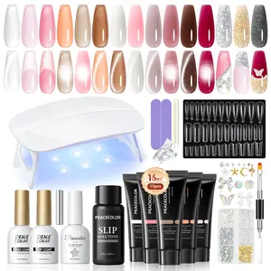 PEACECOLOR Poly Nail Gel Kit with U V Light 16ml Poly Extension Gel Pink Black Nude With Base Matte Top Coat Starter Kit with Slip Solution Nail Tools DIY For Beginners Home Salon
