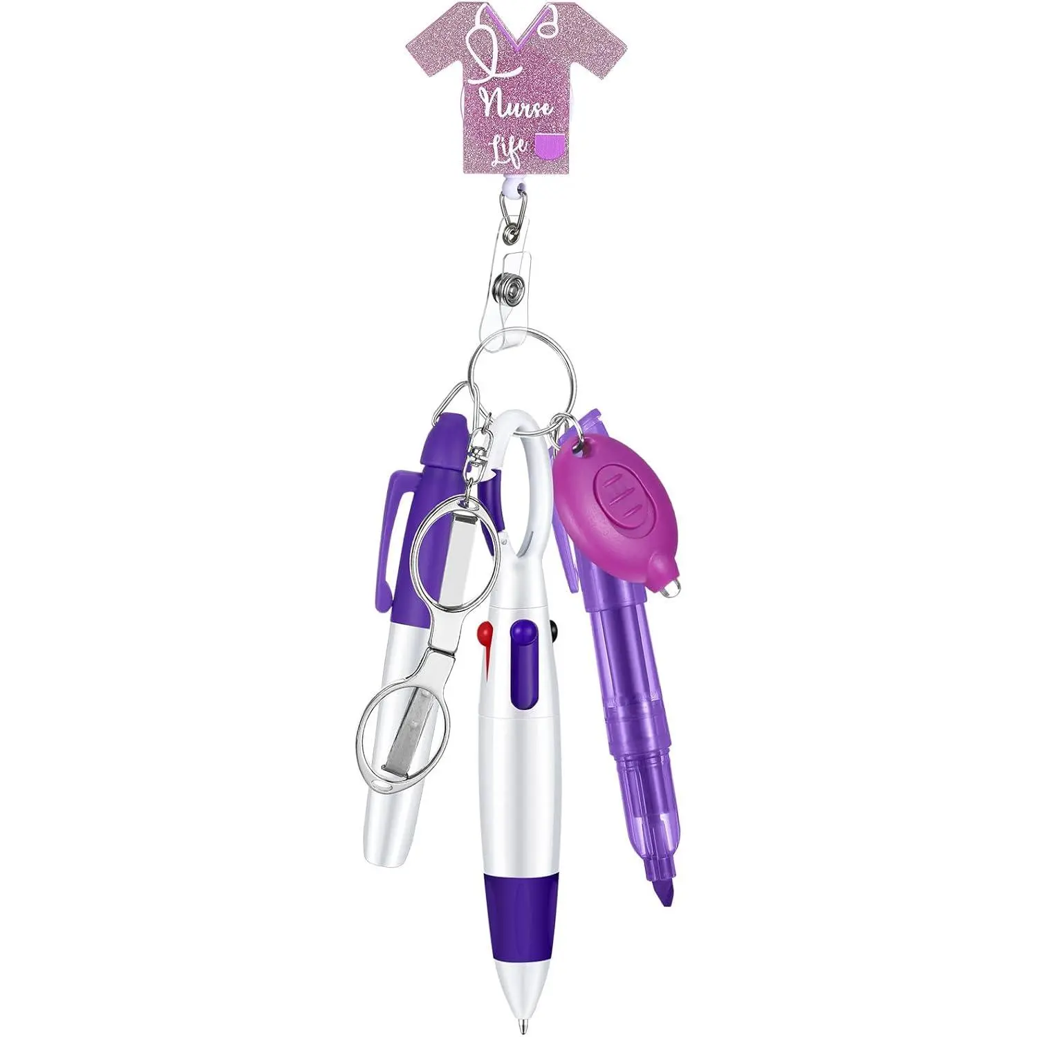 6 count Nurse Pen Set Nurse Badge Accessories for Work Include Badge Clip Ballpoint Marker Pen Highlighter Foldable  LED Flashlight  Appreciation Gifts for  Week(Purple)