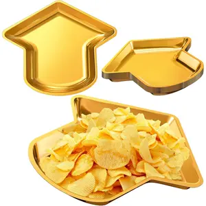 24 Pcs Gold Graduation Cap Disposable Serving Platters Reusable Snack Tray Cookies Chips Candy Dip Dessert Plates for Graduation Party Supplies Decoration