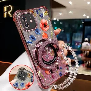 1 Piece Purple flowers Circular stand and transparent beads Pattern Protection Suitable For iPhone 11Phone Cases iPhone 11 Comfortable feel Case Featuring Durable For Entertainment