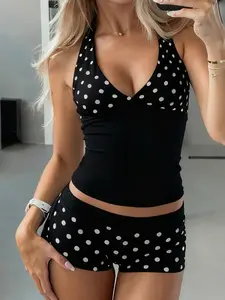 Women's Polka Dot Y2K Crop Top & Shorts Set, Womenswear, Fitted Backless Design, Casual Fashion, Perfect for Daily Wear