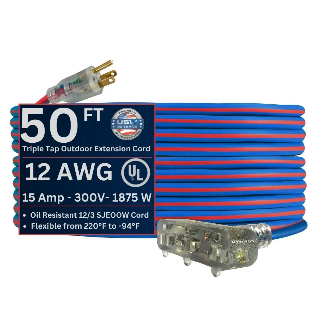 US Wire and Cable 12/3 Gauge Extreme Cold Weather Triple Tap Extension Cords – Heavy-Duty, 221°F to - 94°F Rating, Lighted Plug, SJEOOW, Weather-Resistant, Ideal for Outdoor Use