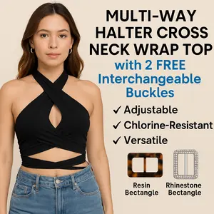 Multi-Way Halter Cross Neck Wrap Top with 2 Interchangeable Buckles – Adjustable, Chlorine-Resistant, Versatile Crop Top