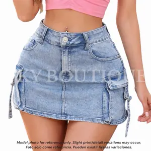 High-Waisted Denim Skirt with Cargo Pockets and Lace-Up Sides for Women DN