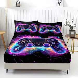 3Pcs Neon Controller Fitted Sheet Set, Vibrant Gaming-Themed Bedding Set with Glowing Colors, Perfect for Gamers and Trendy Bedrooms, Elevate Your Sleep Space with Psychedelic Style!Includes 2 pillowcases (pillow inserts not included).