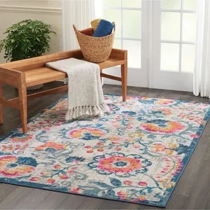 Bohemian Transitional Decorative Area Rug - Distressed Look, Tropical Vibe, Vine Bloom Plant-Themed Design, Boheme Area Rugs, Decorative Rug