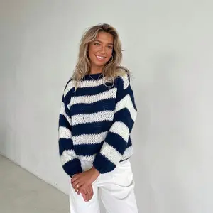 Women's Loose Striped Long-Sleeved Knitted Pullover Sweater, Fashionable Versatile Tops for Women's Clothing