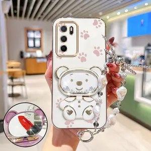 A16 Durable Plating Jewelry Strap Lanyard Phone Holder Case For Compatible With Oppo A16 Cute Pink Palm Print Bear Stand Cover