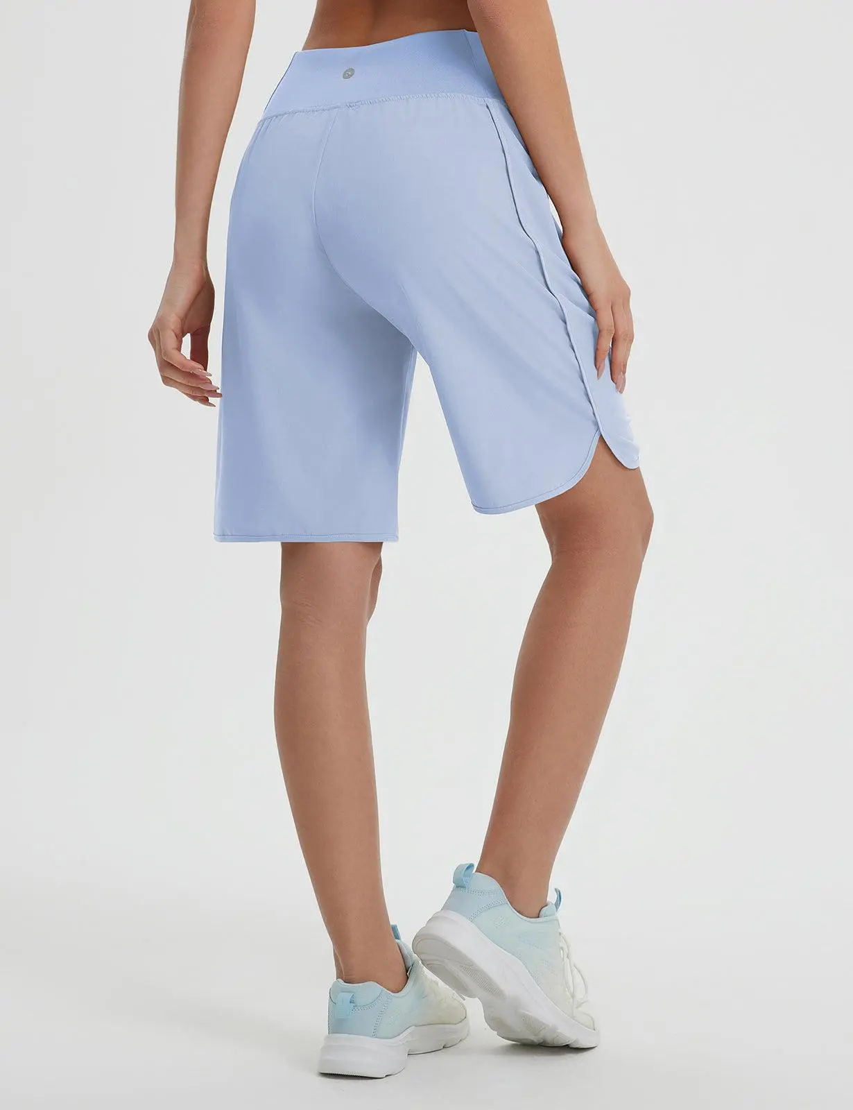 baleaf Women's Bermuda Long Shorts 9" Above Knee Length with Zipper Pockets Loose Fit, Knit High Waisted, Adjustable Drawstring, Curved Hem, Stretch, Quick Dry, UPF 50+ Athletic Running Workout Lounge Casual