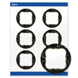 Avery Printable Round Labels, 3" Diameter, Glossy White, Pre-printed Black Border/Metallic Gold Specks Design, Sure Feed Technology, Laser & Inkjet Compatible, 120 Total