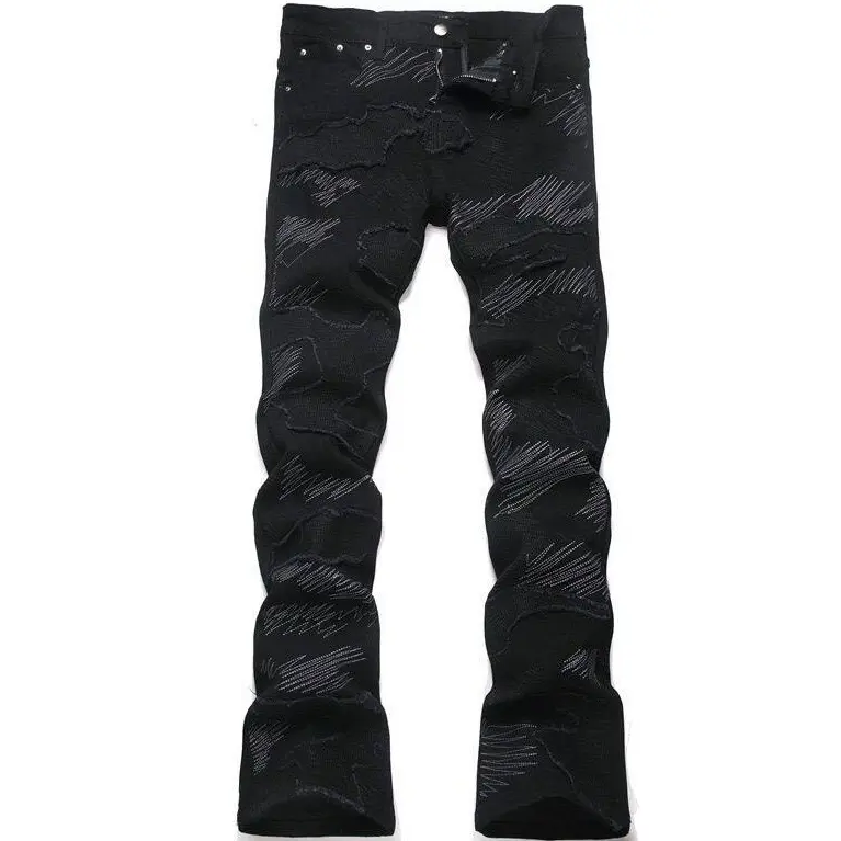 Men’s high-stretch irregular white jeans with visible hand stitching; 3D handmade stitched distressed denim long pants; vintage street hip-hop slim flared five-pocket men’s jeans for all seasons.
