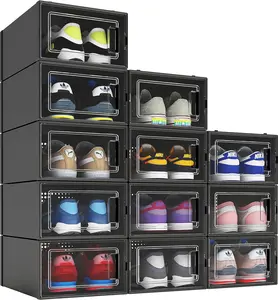 12 Pack Shoe Organizer Boxes, Black Plastic Stackable Shoe Storage Bins For Closet, Space Saving Shoe Holder Sneaker Display Case for Medium Size Shoes farage shelves
